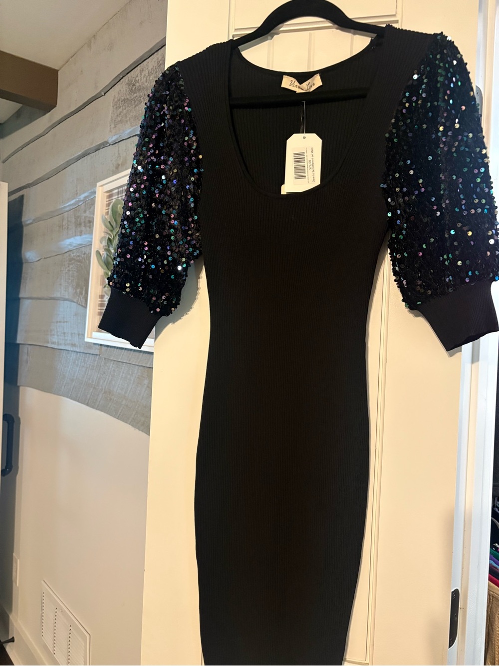 Vine & Love Black Midi Dress with Sequin Puff Sleeves